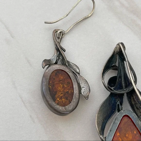 Vintage Sterling silver 925 Baltic Amber necklace pendant pin earrings brooch - Picture 5 of 16